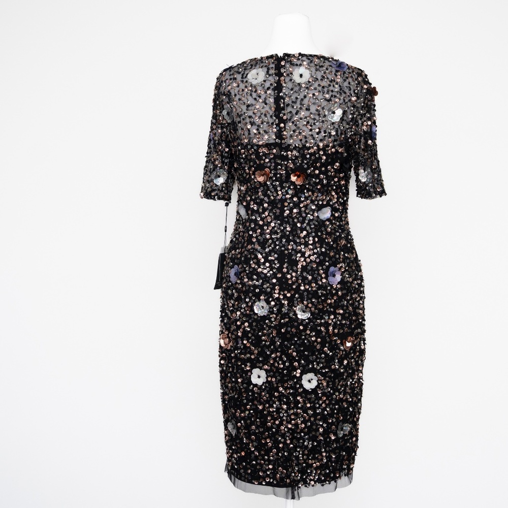 Adrianna Papell | Hand Beaded 3d Floral Illusion Short Sheath Cocktail Dress - Picture 3 of 10